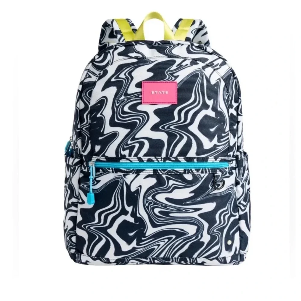 STATE Kane Double Pocket Large Kids Backpack Marble Swirl Black White Neon NWT